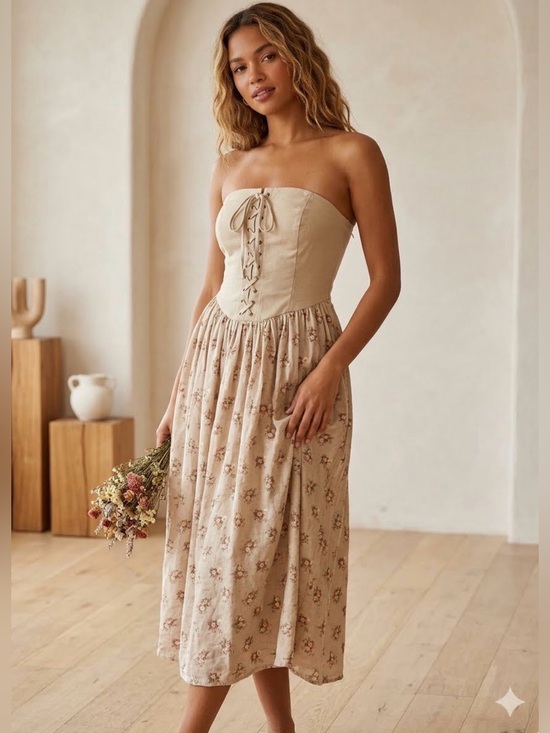 Urban Outfitters Dresses & Skirts - Urban Outfitters Ecote Strapless Lace-Up Tan Floral Midi NWT SIZE XL $79